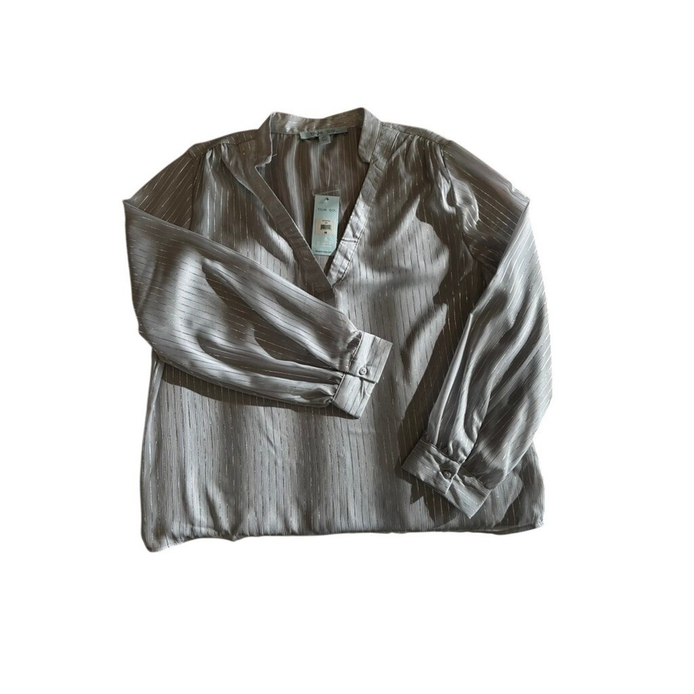 Blue Sol Womens Grey Metallic Pinstripe Split Neck Long Sleeve Blouse Size M